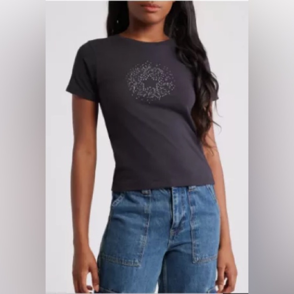 Golden Hour Star Rhinestone T shirt - size XL - soft black